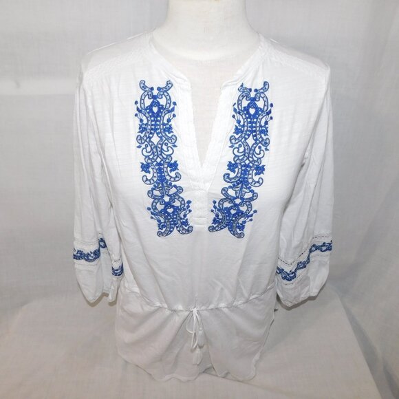 Lauren Ralph Lauren M White Blue Embroidered Tunic Top Boho Peasant Blouse - Picture 5 of 12